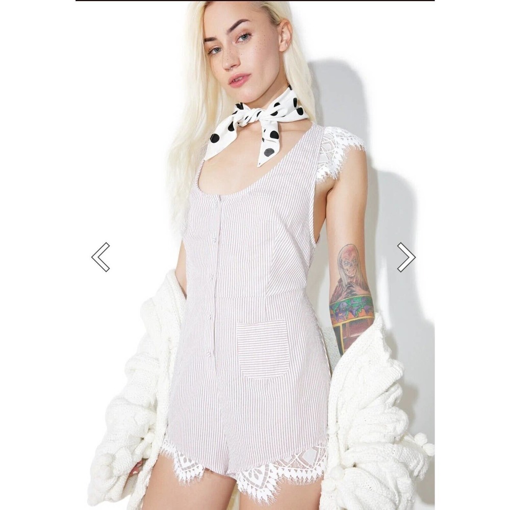 For Love & Lemons Emmy Sleep Romper Brown Seersucker and Lace Size Small